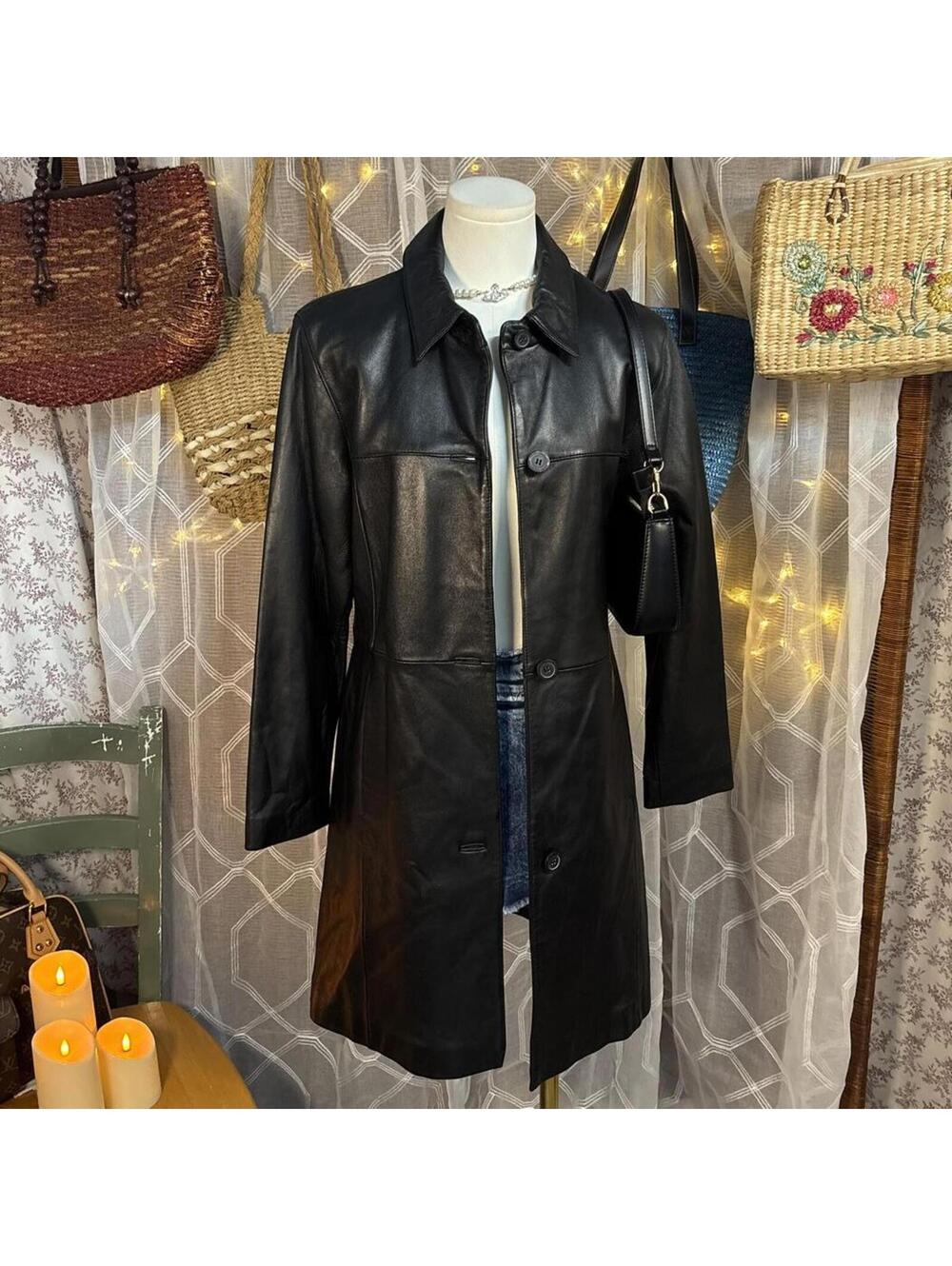 Adler Collection Genuine Leather Black Coat Dark Feminine Office Siren Y2K S